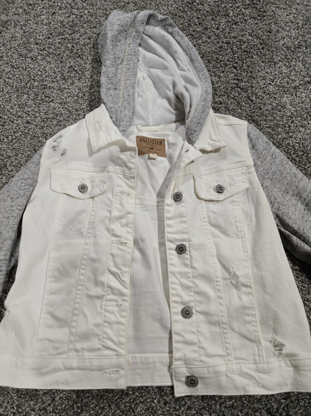 Hollister White Denim Jacket with Heather Gray Hoodie Sleeves - Picture 2 of 3